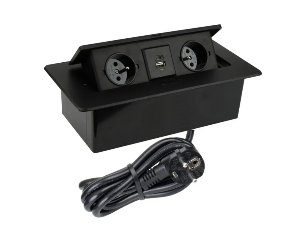 Poslední Šance Výklopná zásuvka BOX 2x 230V a USB nabíječka A+C s 3m kabelem - černá
