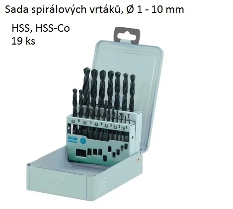 Sada 19 ks spirálových vrtáků Ø 1-10 mm,HSS a HSS-Co Tovární Cena